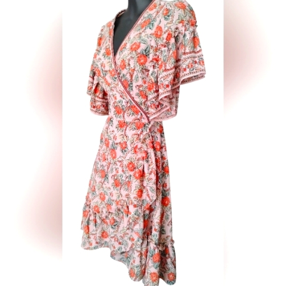 Max Studio | EUC Rose Floral Print Ruffle Sleeve Wrap High Low Dress | XS - Picture 4 of 13